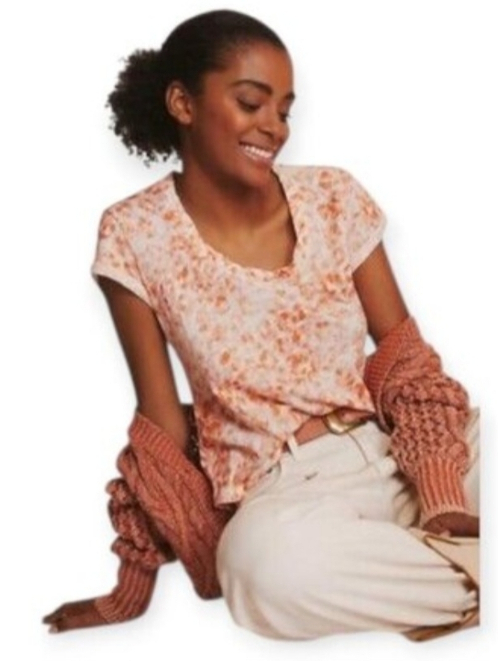 Anthropologie Pilcro Anthro Orange Print Cotton Scoop Neck Tee Short Sleeve Top